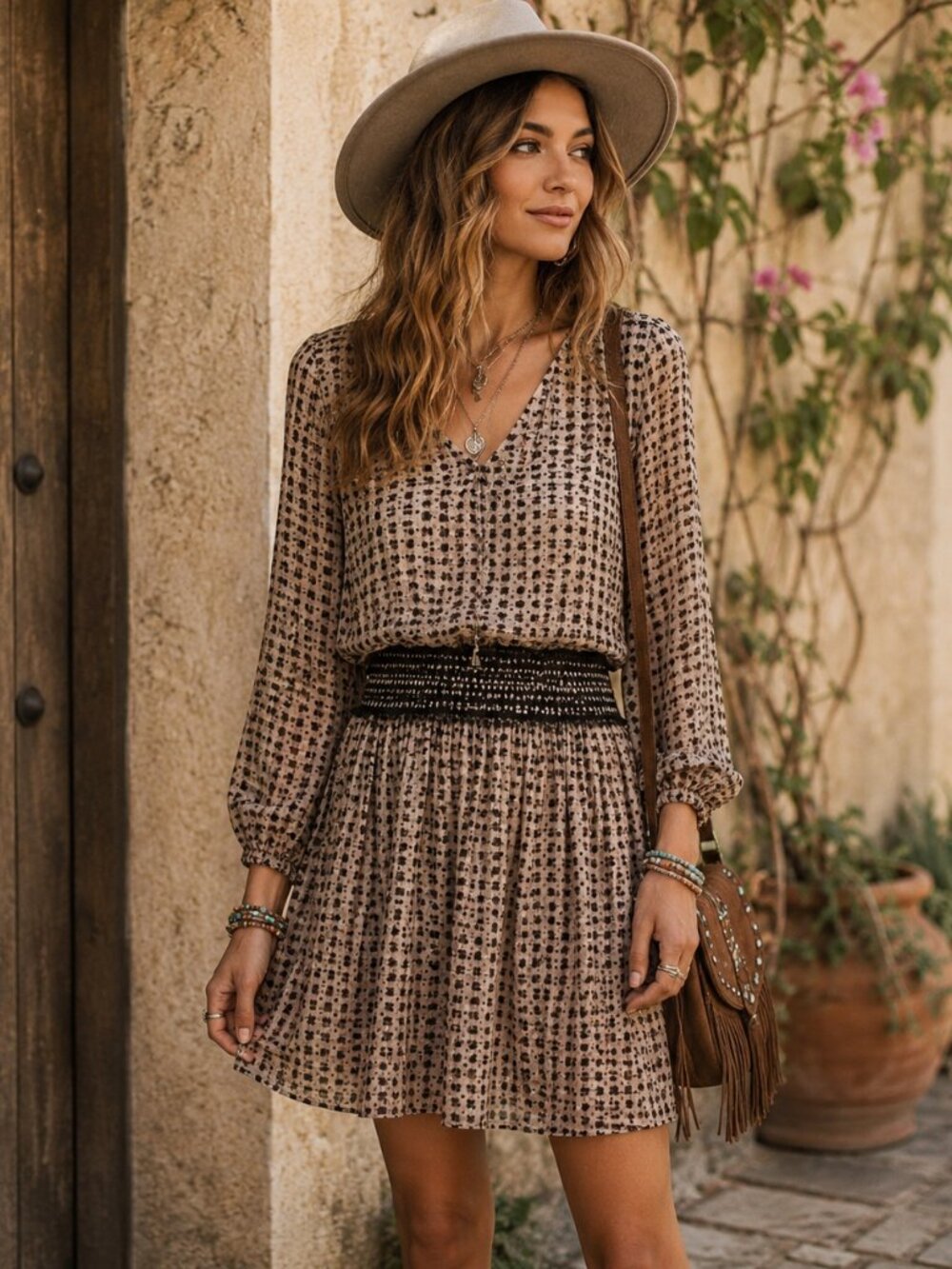 Anthropologie Vanessa Virginia Smocked Dress Tan Black Boho Women XS